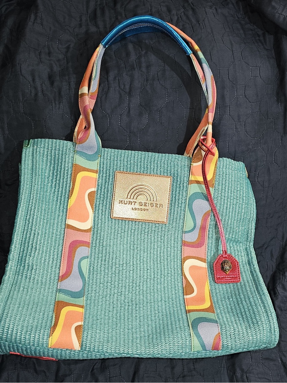 Kurt Geiger Teal Woven Tote with Multicolor Strap